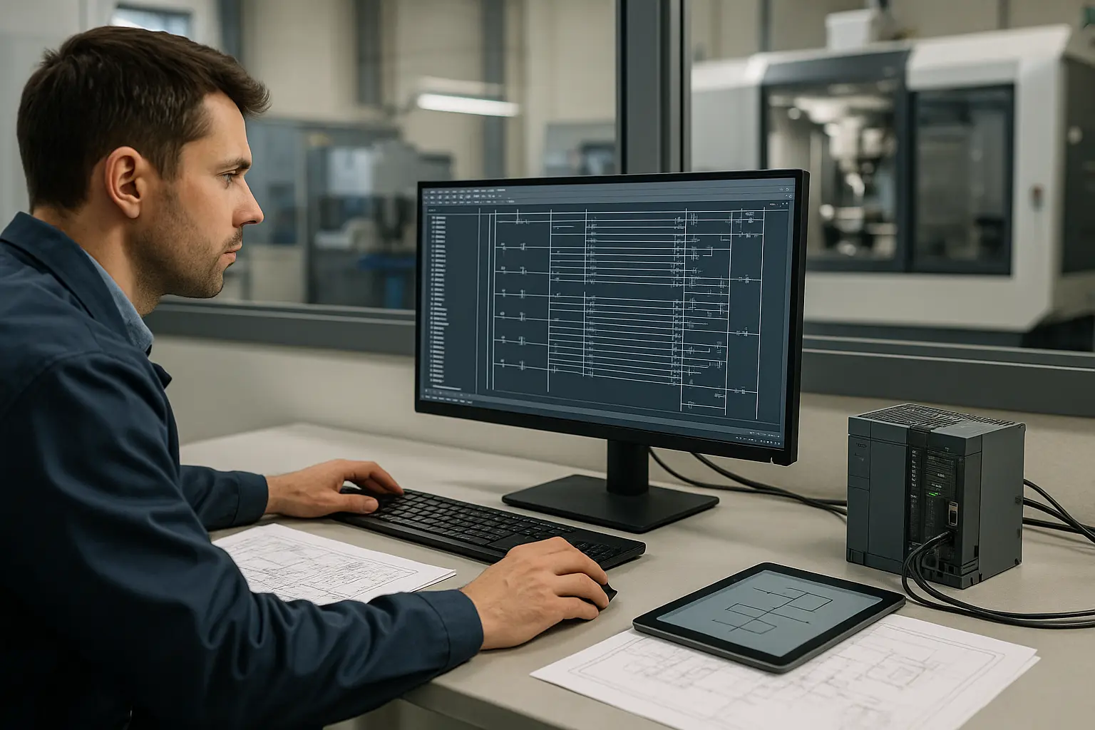Ingénieur en automatisation programmant un PLC avec langage ladder