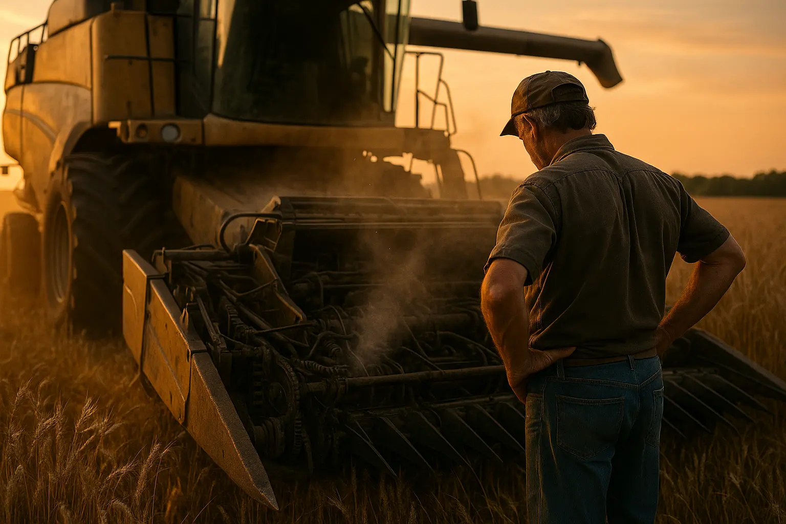 Agriculteur inquiet devant sa moissonneuse en panne au coucher du soleil, symbolisant l'interruption de la récolte.