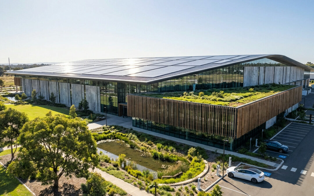 innovative sustainable building with green roof and solar