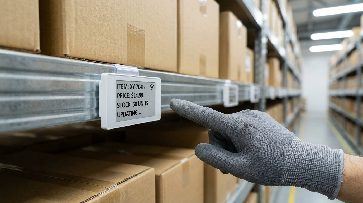 Entrepôt logistique utilisant des étiquettes électroniques ESL pour la mise à jour des stocks en temps réel