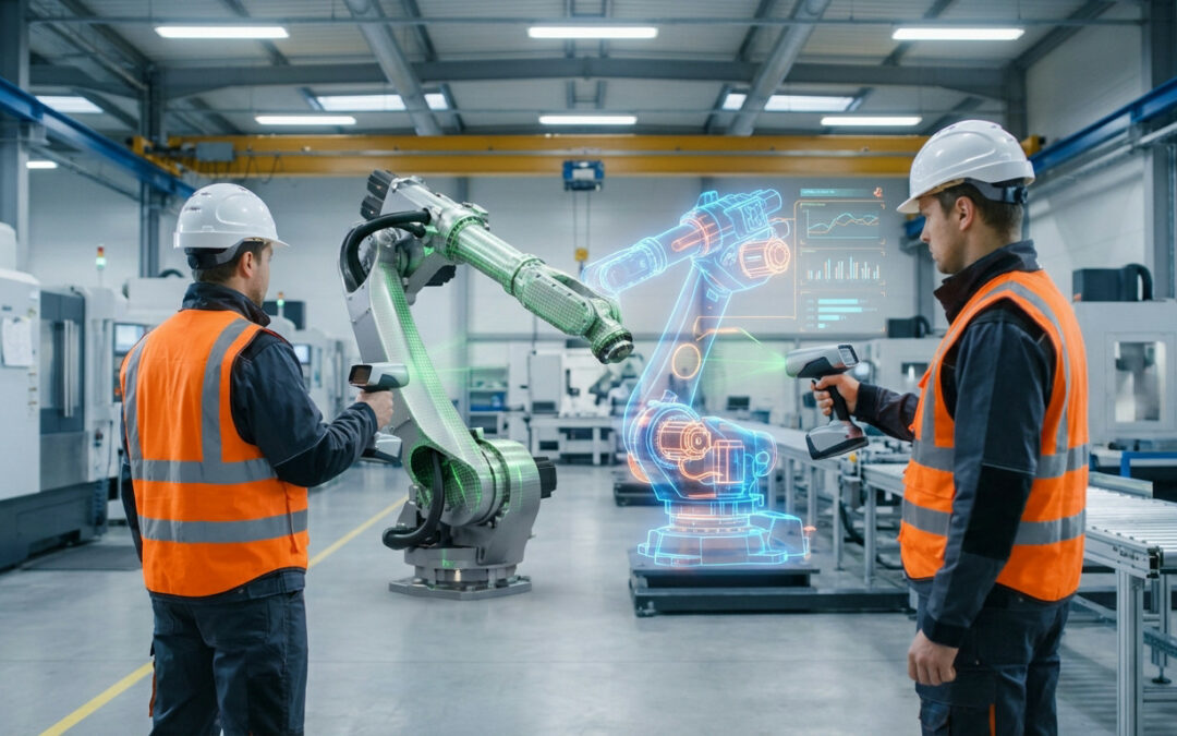 Two technicians 3D scan a robotic arm, its holographic digital twin with data overlays floats in a modern factory.