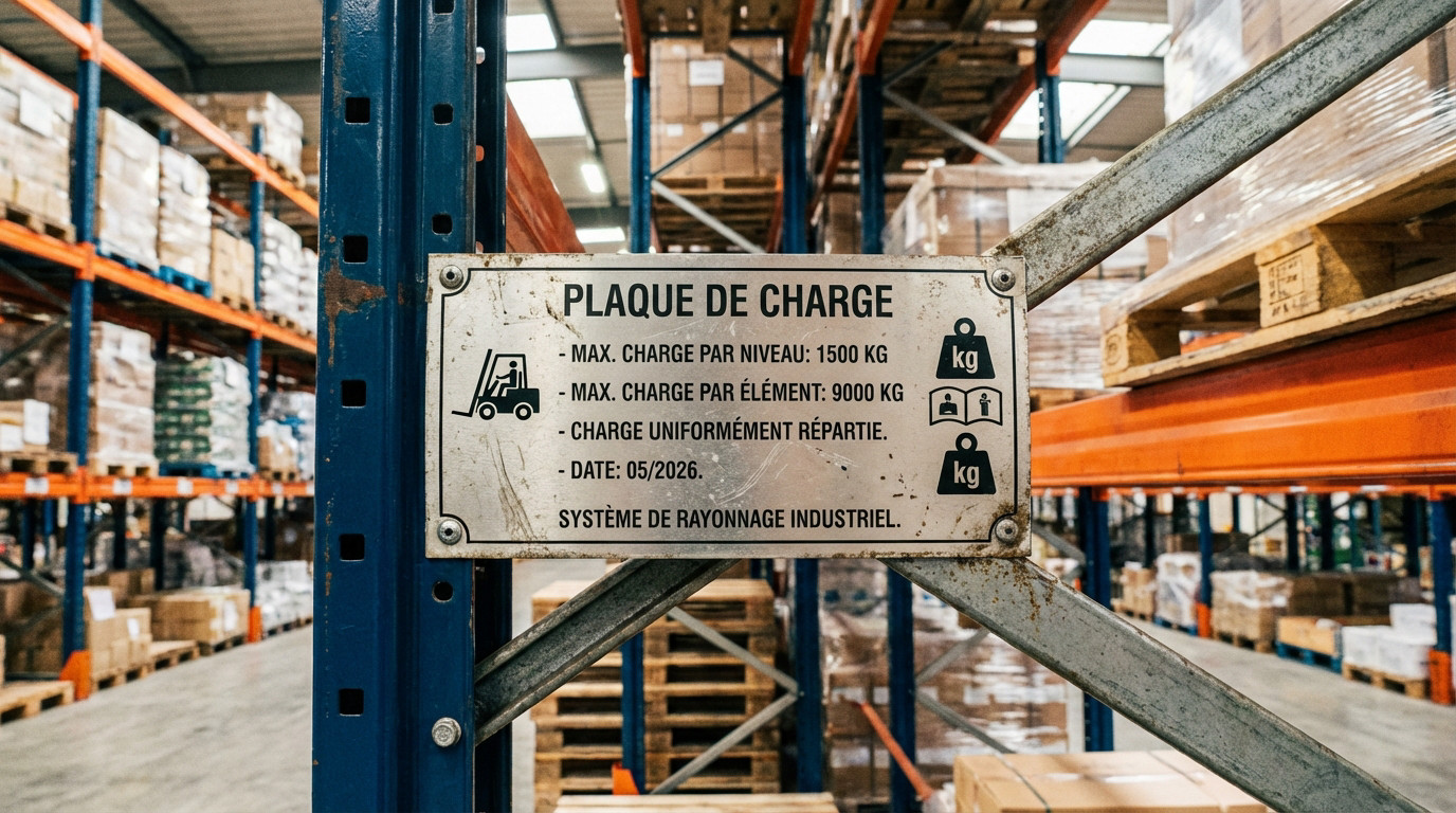 Plaque de charge fix&eacute;e sur un rayonnage industriel indiquant la capacit&eacute; maximale