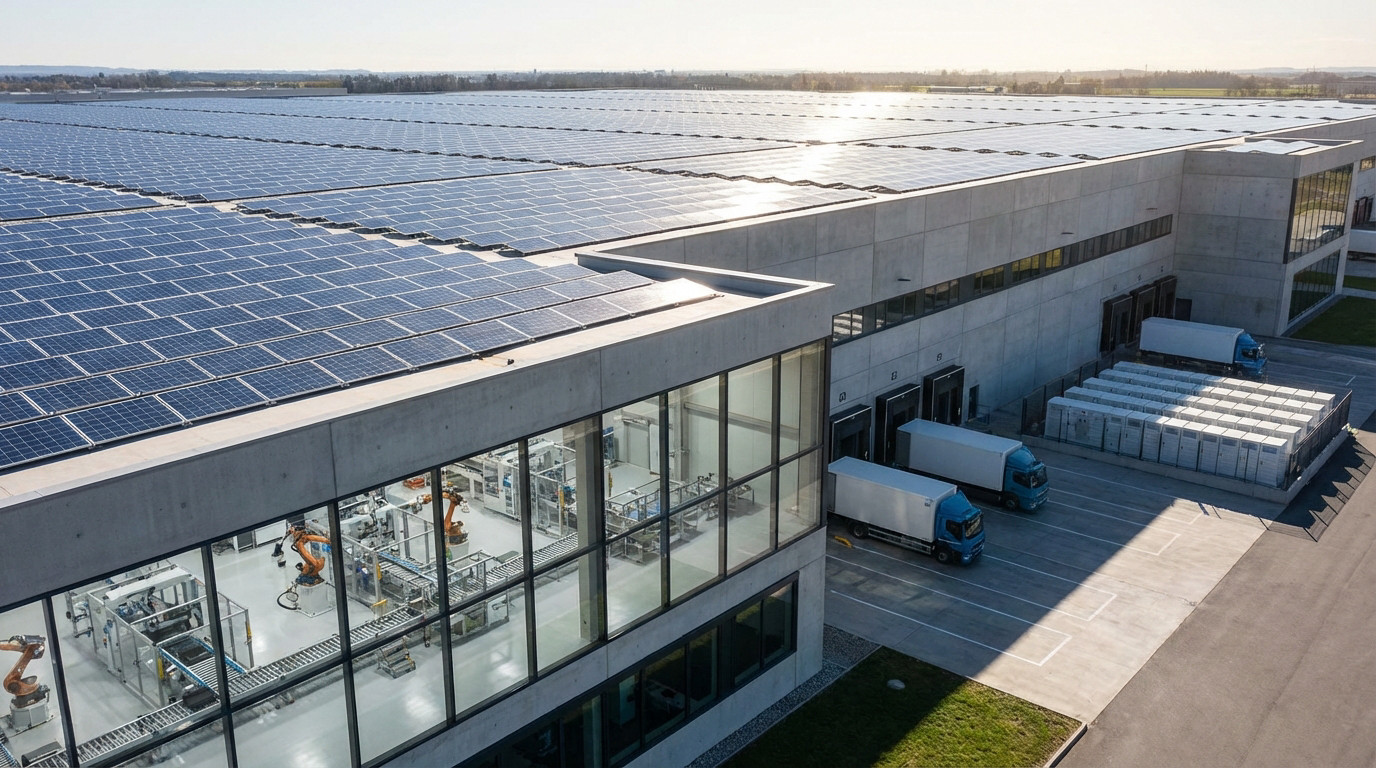 Site industriel moderne équipé de panneaux solaires pour l'autoconsommation et la sécurisation énergétique