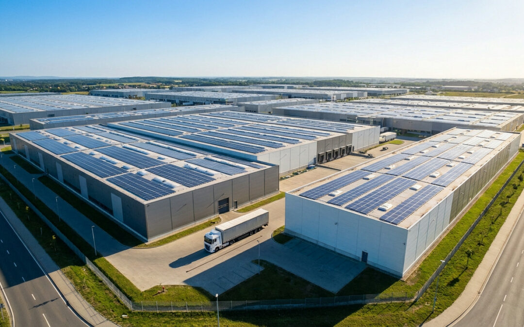 Aerial view of a vast industrial logistics complex with rooftops covered in blue solar panels. A truck is on an access road under a clear sky.