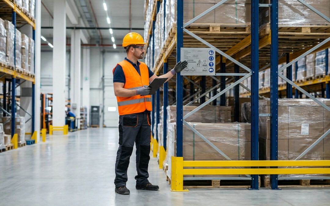 A worker in safety gear inspects a load plate on a tall industrial rack in a modern, well-lit warehouse aisle, emphasizing safety.