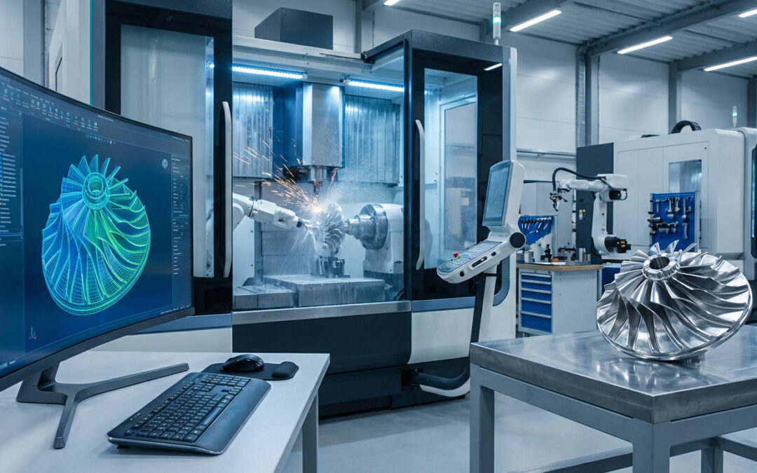 Image montrant un écran avec un modèle CAO, une machine CNC en action et une pièce métallique finie, illustrant l'usinage de précision.