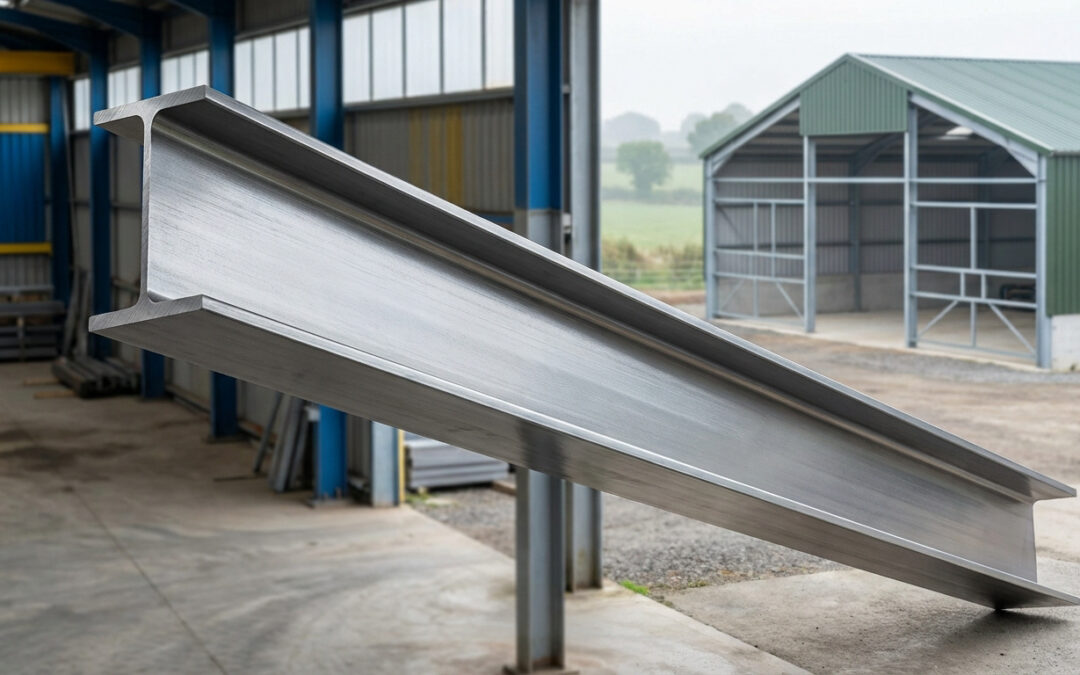 Une poutre en acier I-beam neuve et brillante inclinée, avec un entrepôt et un hangar agricole en arrière-plan.