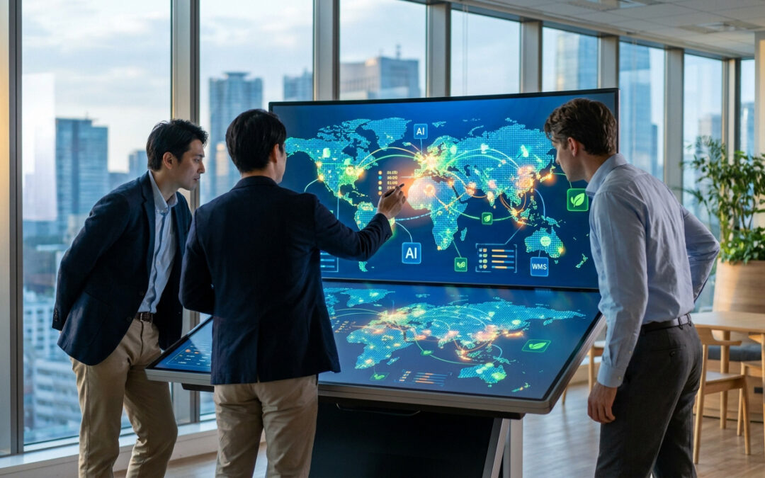 Trois consultants analysant une carte mondiale interactive sur un écran tactile dans un bureau moderne.