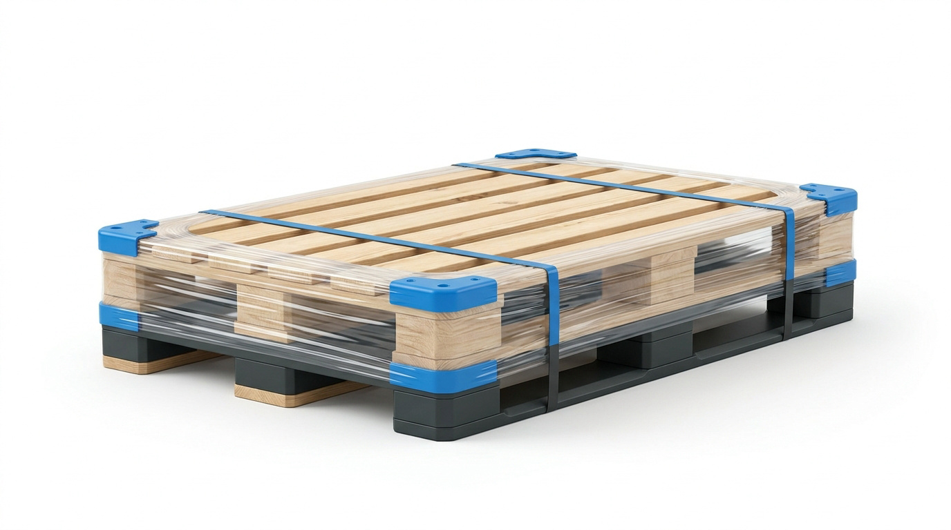 Palette bois EPAL charg&eacute;e de cartons s&eacute;curis&eacute;s par un film &eacute;tirable transparent pour le transport industriel