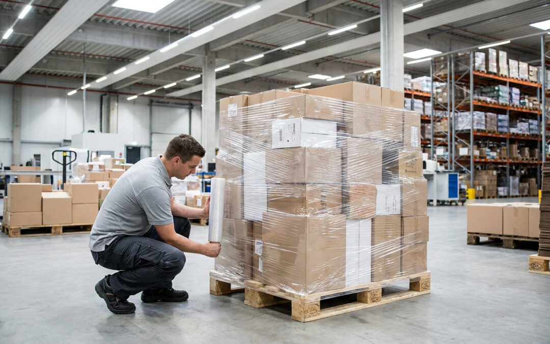 Un employé d'entrepôt accroupi emballe une palette chargée de cartons avec du film étirable transparent.
