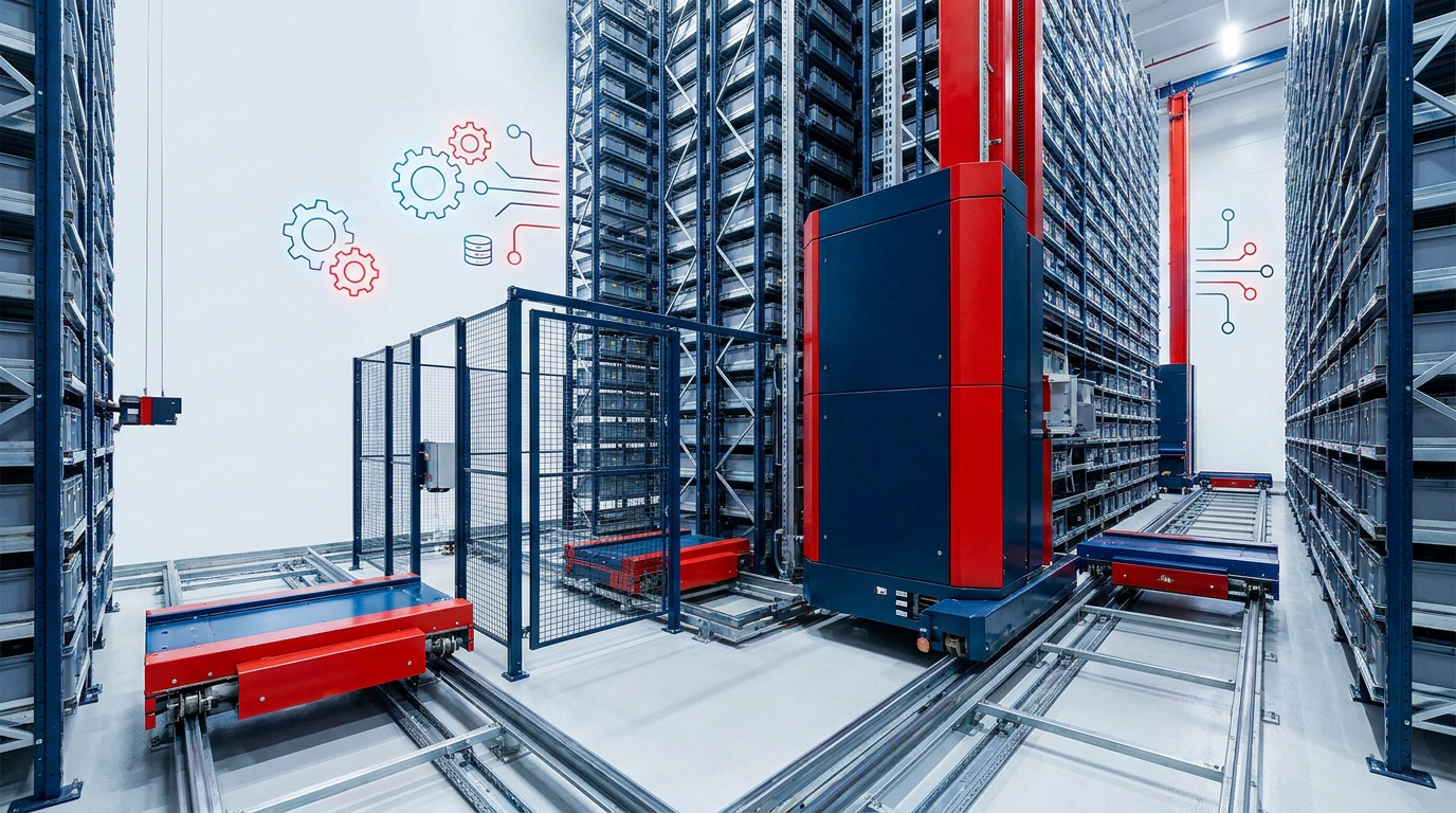 Syst&egrave;me de stockage et de r&eacute;cup&eacute;ration automatis&eacute; AS/RS en entrep&ocirc;t logistique
