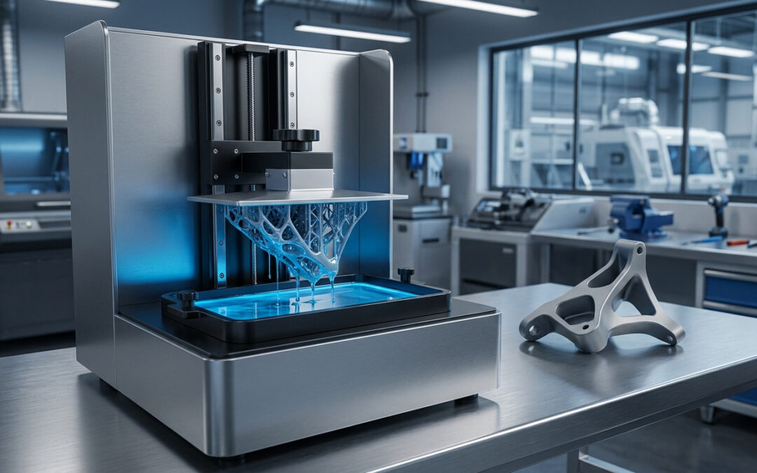 Imprimante 3D à résine produisant une pièce complexe en treillis sur un établi dans un atelier de fabrication moderne.